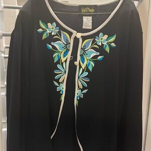Bob Mackie Black Cardigan with Blue, Teal & Green Floral Embroidery